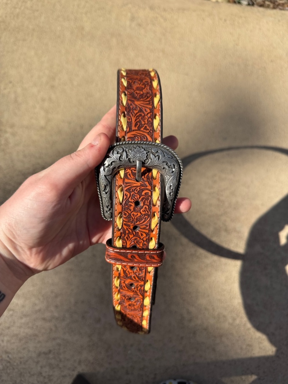 Tooled Leather Western Belt with Ornate Silver Buckle - Orange/Brown